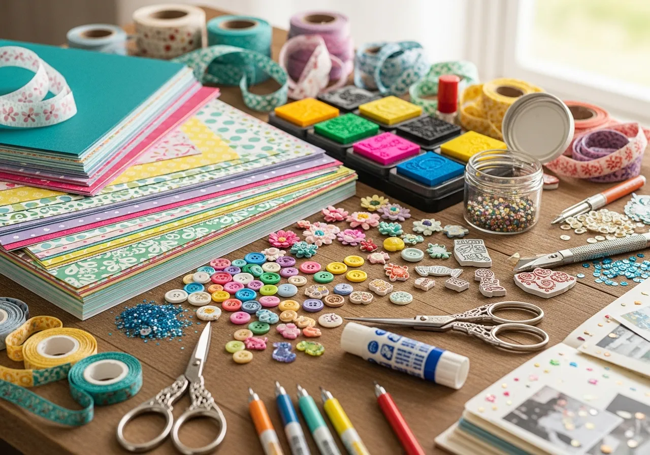Colorful array of scrapbooking materials and creative supplies